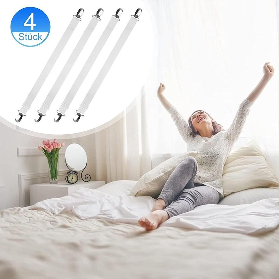 Allecto Plus Elastische hoesspanners 4 stuks verstelbare bedlakenspanners voor kreukvrij bedlaken met metalen klemmen geschikt voor laken matras strijkplank en bank - Foto 2