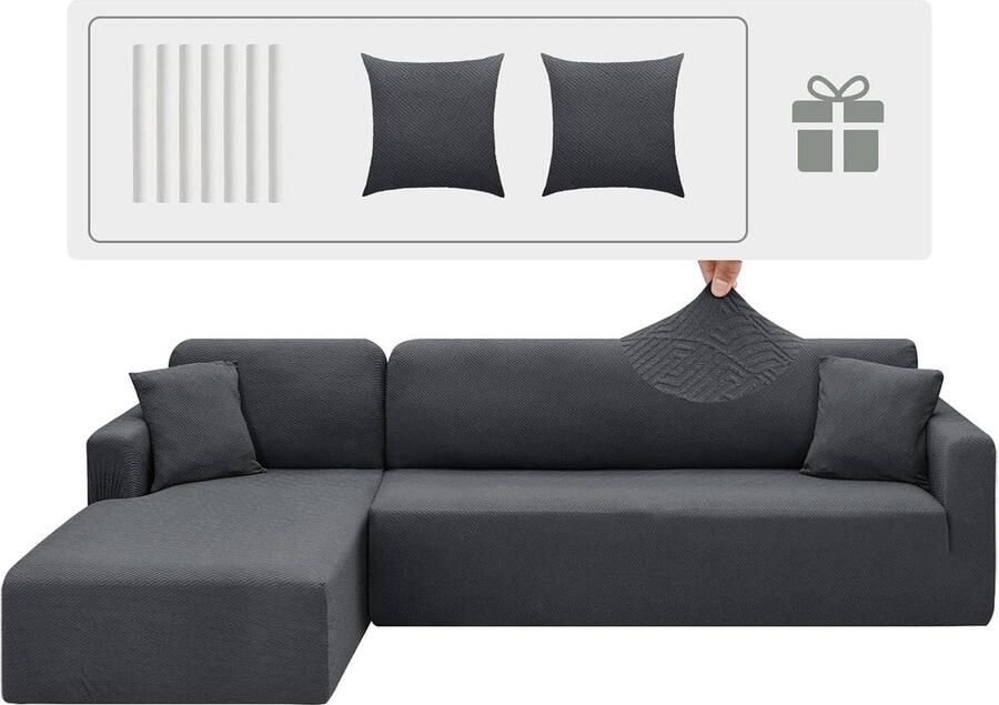 Elastische chaise longue bankovertrek donkergrijs 2 en 3-zits L-vormige bankhoezen met kussenslopen