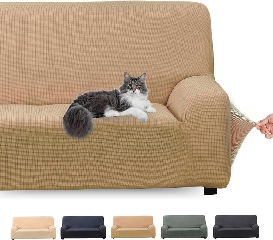 Elastische en verstelbare bankhoes voor 3-zits Wasbare en comfortabele hoes tegen vlekken en dierenharen (kaki)