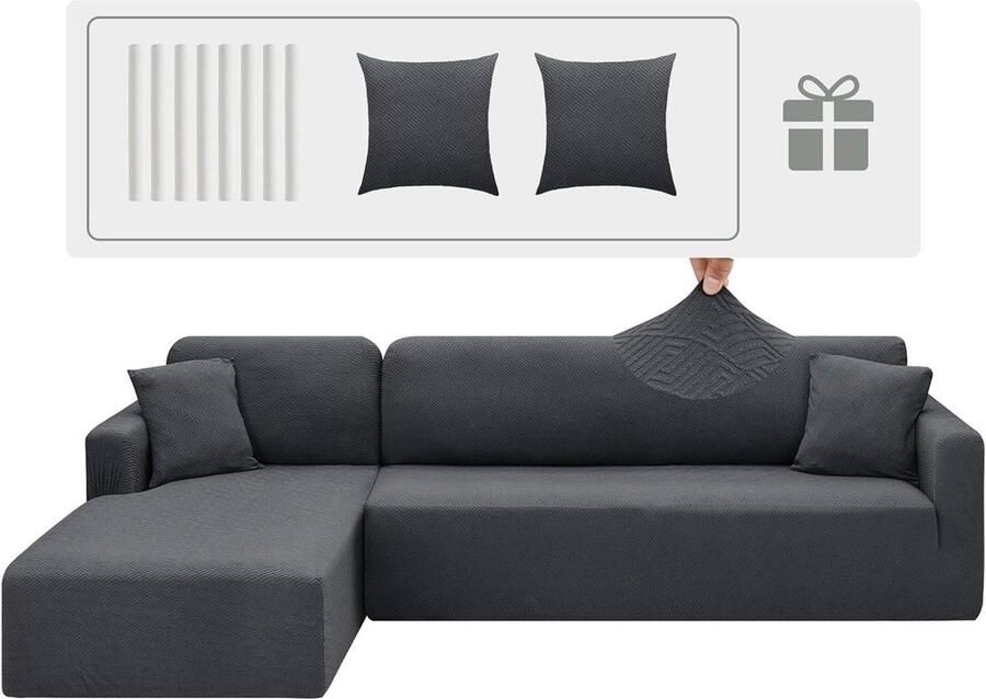 Elastische peninsula bankovertrek 2-delige bankhoes donkergrijs met kussenslopen L-vormige schiereiland bankhoezen hoekbank hoes stretch