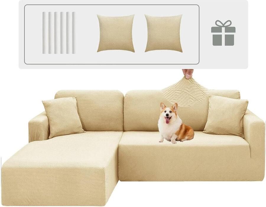 Elastische peninsula bankovertrek Luxe bescherming 2-delig Beige Geschikt voor L-vormige banken