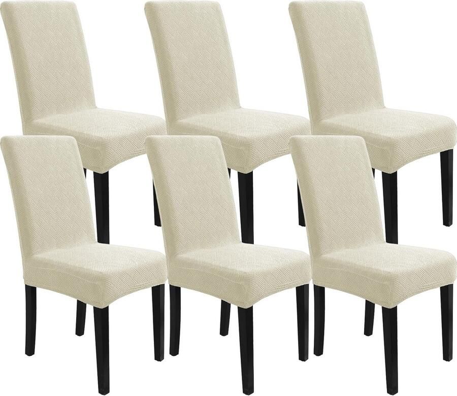 Elastische Stoelhoezen voor Eetkamer 6 Stuks Wasbare Stoelbeschermer met Jacquardpatroon Universele en Moderne Stoelhoezen in Beige