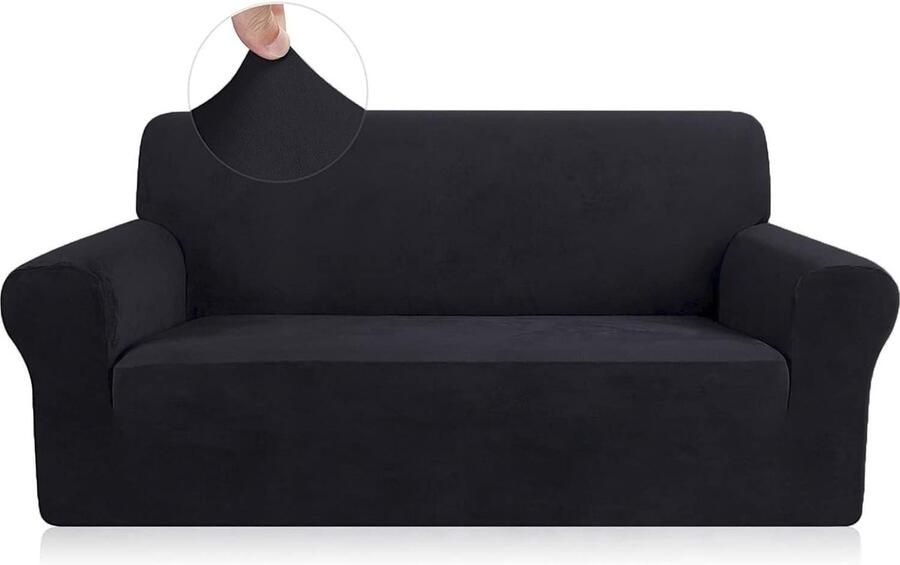 Elastische stoffen bankhoes voor 2-zits bank Stretch pluche beschermer voor kinderen en huisdieren Zwart