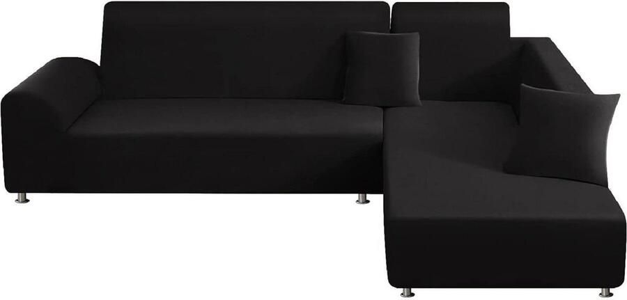 Elastische stretch bankhoes hoekbank L-vorm set van 2 universele bankovertrek zwarte stof 2-zits bankhoes met kussenslopen hoekbank overtrek