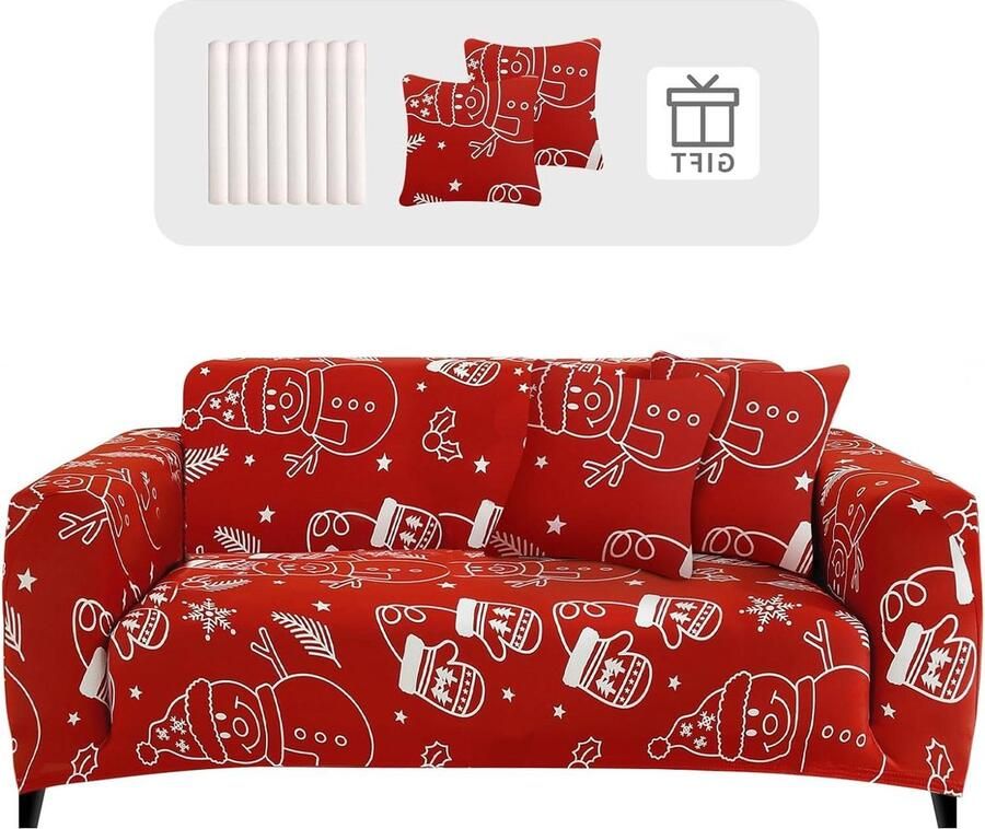 Elastische stretch bankhoes voor 3-zits bank Kerst design Wasbaar Met sneeuwpoppen Inclusief 2 kussenslopen