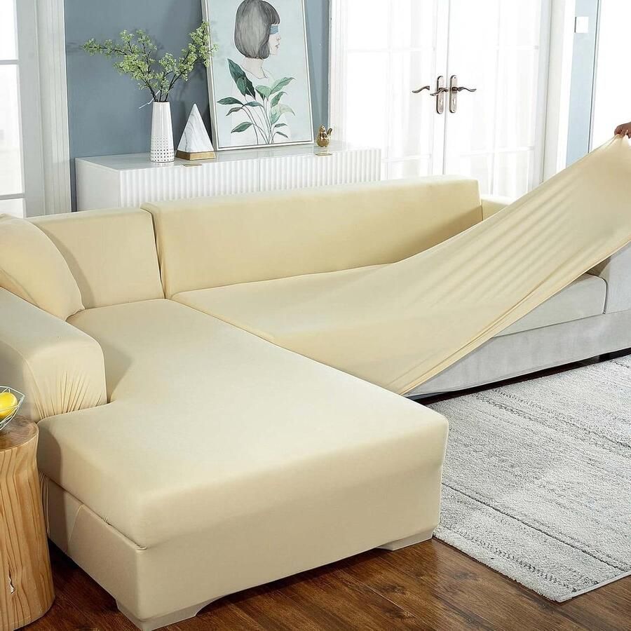 Elastische stretch bankovertrek voor L-vormige bank beige 3 zits + 3 zits met kussenslopen Bankovertrekken setTitle:Stretch bankovertrek voor L-vormige bank beige 3 zits + 3 zits met kussenslopen hoekbank hoes stretch