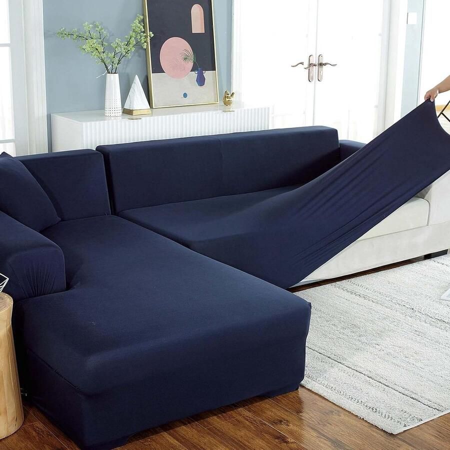Elastische stretch bankovertrek voor L-vormige bank donkerblauw 3-zits + 3-zits kussenslopen hoes hoekbank overtrek