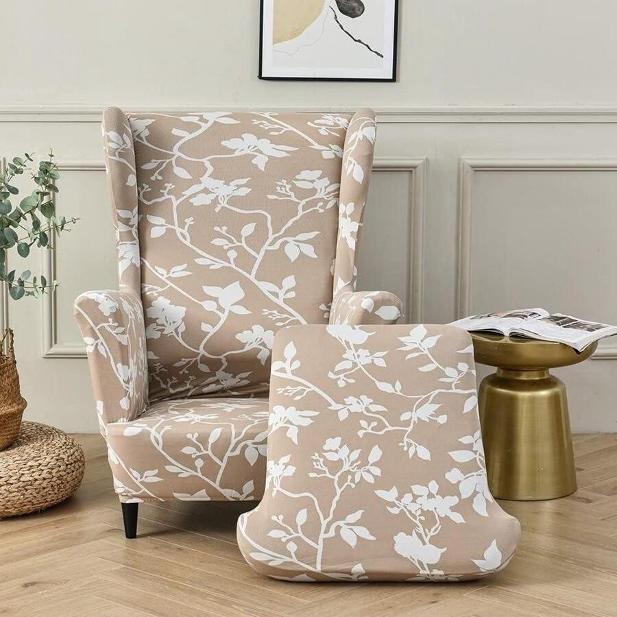 Elastische Wingback stoelhoezen 2-delige set uitwasbaar spandex stof bankhoes meubelbeschermer fauteuil hoes woonkamer slaapkamer hotel witte bloesemtak