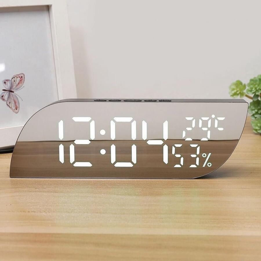Electronic Desk Alarm Clock Silent Temperature and Humidity LED Alarm Clock Mirror Display Digital Adjustable Brightness Alarm Clock (White)