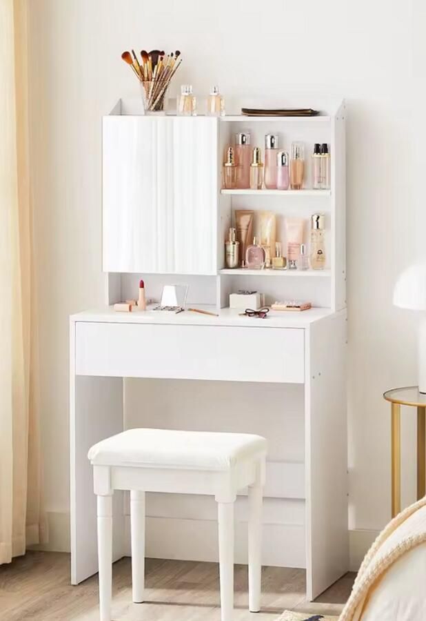 Elegance Beauty Make-up Tafel met Spiegel en Opbergruimte – Witte Kaptafel met Krukje – Moderne Make-up Organizer 136x70x40 cm