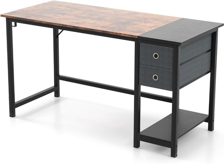 Elegant 140 cm Computerbureau Werkstation met Twee Laden Ophanghaak en Opbergplank Rustiek Bruin Zwart