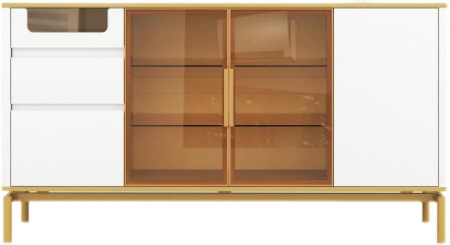 GOTAGEE Elegant dressoir 150Lx40Bx80H cm wit gouden afwerking Moderne opbergkast met glazen en houten vakken