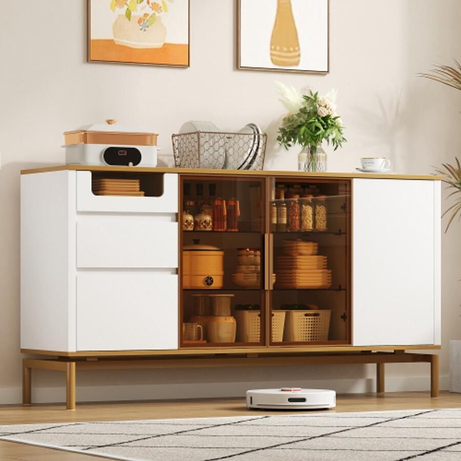 Elegant dressoir 150Lx40Bx80H cm wit marmeren werkblad gouden afwerking Moderne opbergkast met glazen en houten vakken