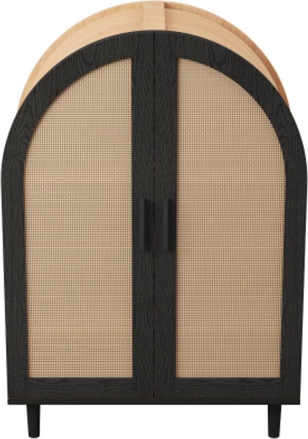 Elegant dressoir schoenenkast met ronde buitenkant opengewerkte rotandeuren en drie planken