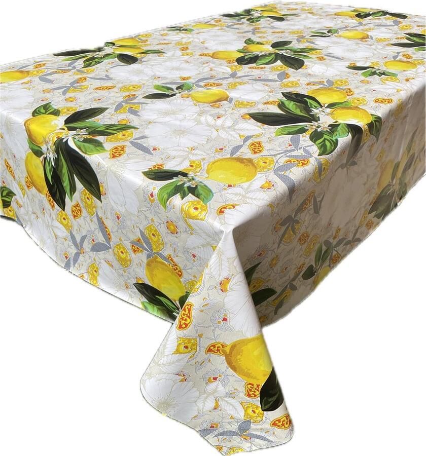 Vuilafstotend tafelkleed citroen- en bloemenpatroon 1 stuk limoen geel pvc 140 x 240 cm