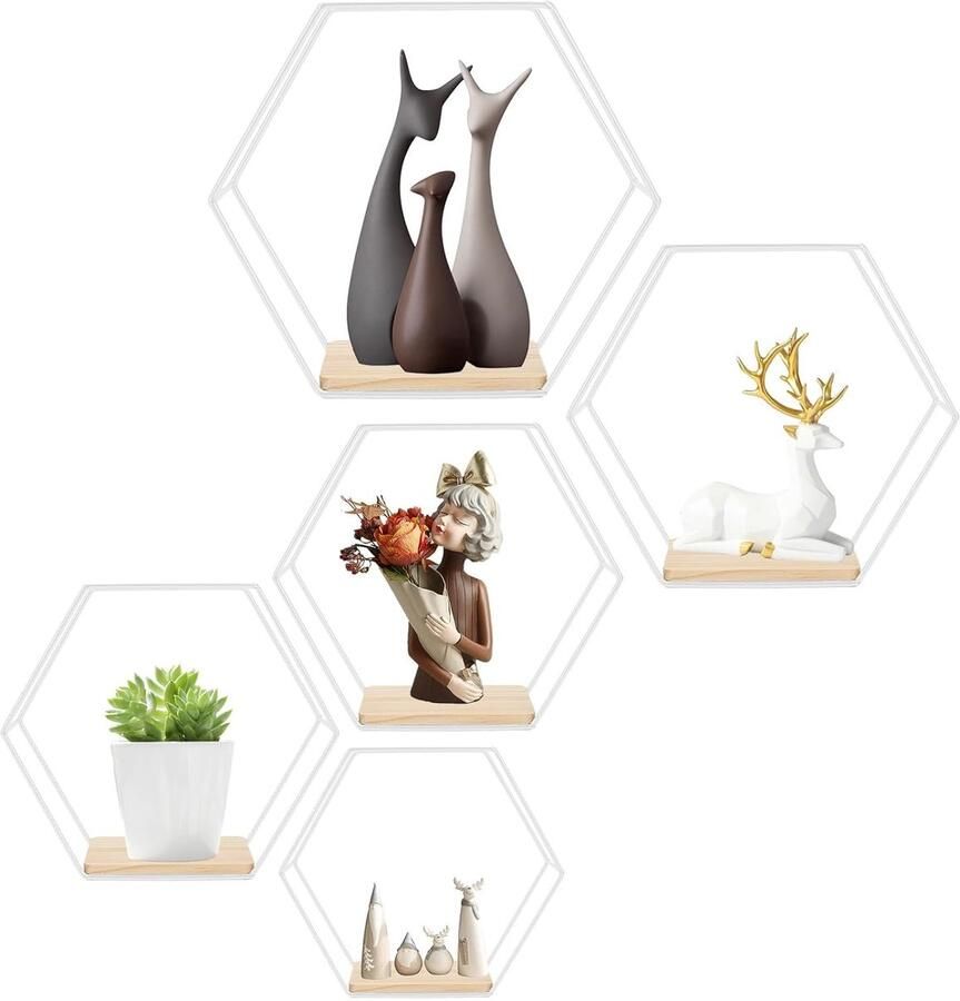 Elegant wandrek set van 5 zeshoekig wit draadframe metaal en hout