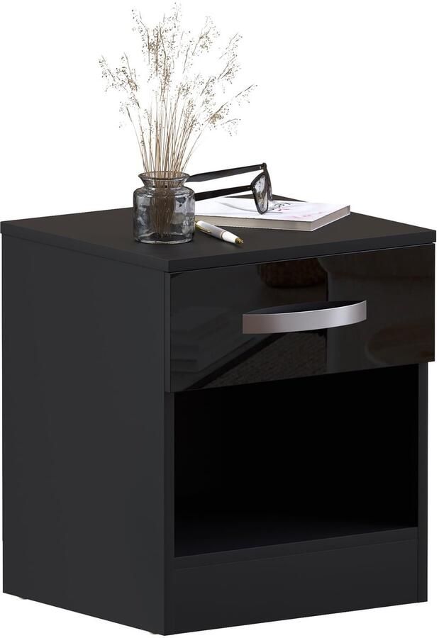 Elegant zwart nachtkastje met hoogglans afwerking en ruime opberglade