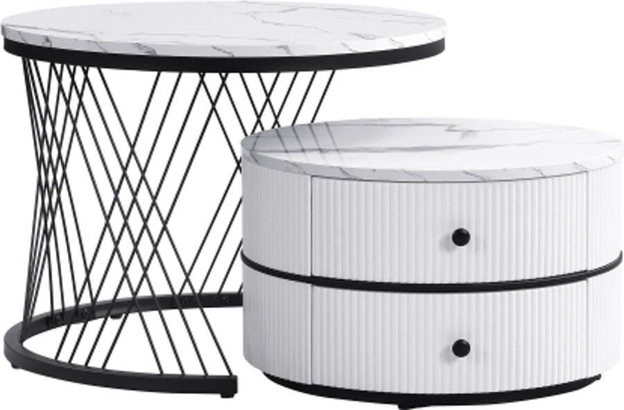 GOTAGEE Elegante 2-delige witte in elkaar passende salontafelset 60*60*46cm & 50*50*31cm ronde tafels met hoogglans marmerlook 2 lades draagvermogen tot 30kg in elkaar passende combinatie salontafel