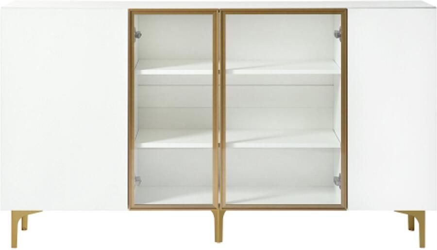 Elegante 4-deurs dressoir wit met glas & metaal modern design greeploos veel opbergruimte dressoir woonkamer eetkamer kast wit