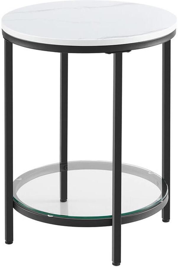 Furnibella Elegante Bijzettafel met 2 Niveaus – Wit Marmerlook & Zwart Frame
