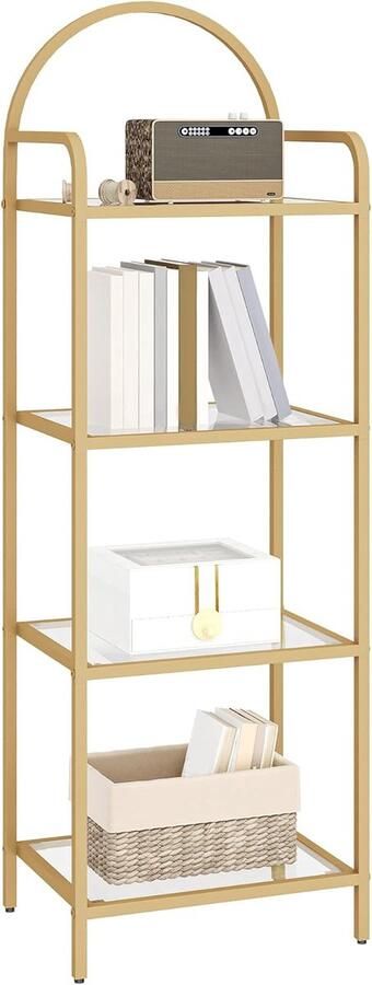 Elegante Boekenkast van Gehard Glas – 4 Niveaus Ladderrek voor Slaapkamer Badkamer en Thuiskantoor – Stalen Frame in Goud