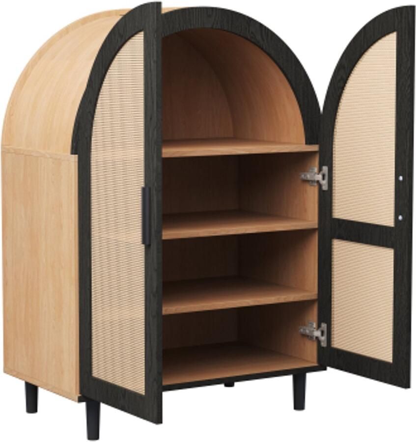 Elegante dressoir schoenenkast met afgeronde buitenkant opengewerkte rotandeuren en drie planken