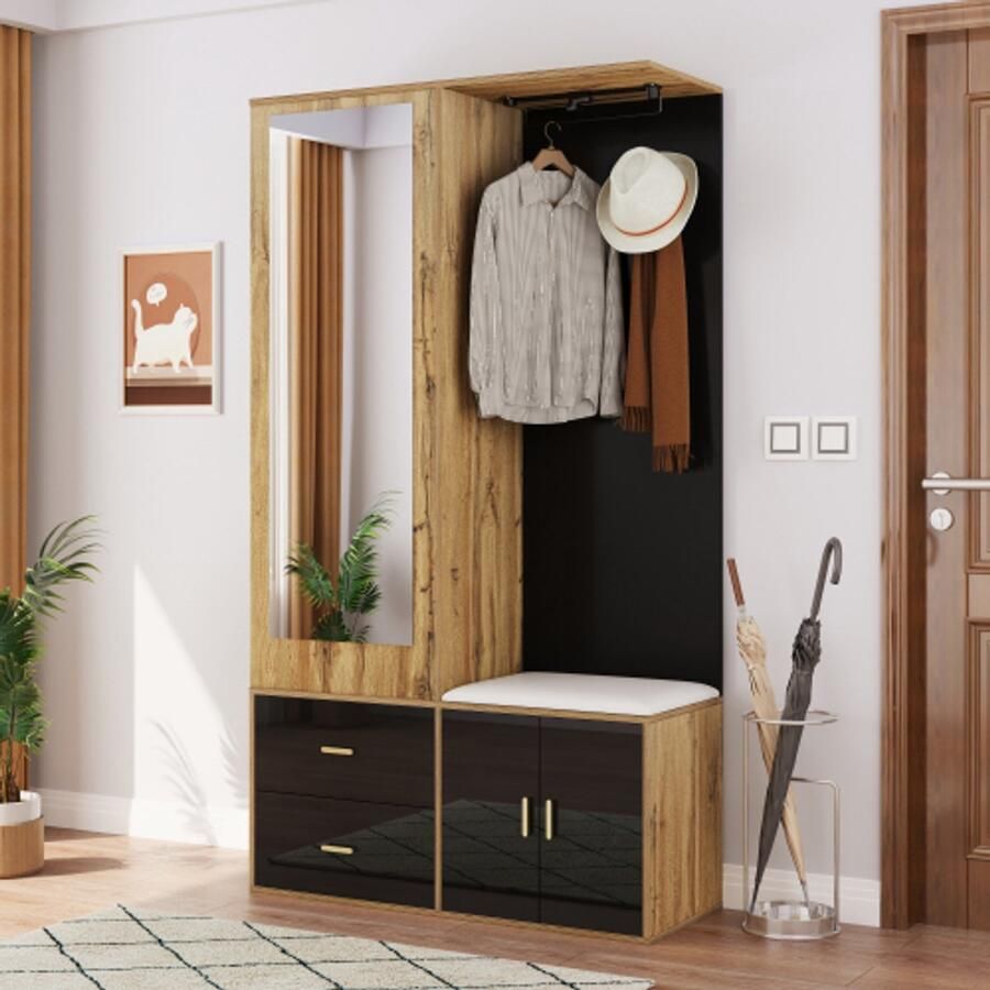 Elegante garderobe in zwart en houten kleur met spiegel schoenkast schoenbank met haak en trekkleding