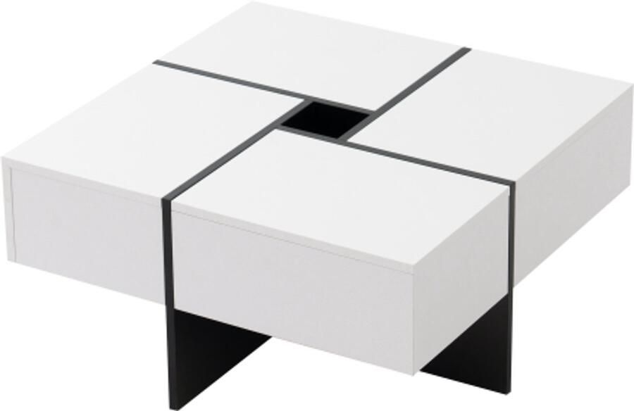 GOTAGEE Elegante hoogglans salontafel 70*70*35 cm zwart-wit design ingebouwde opbergruimte en 4 lades vierkante hoogglans salontafel