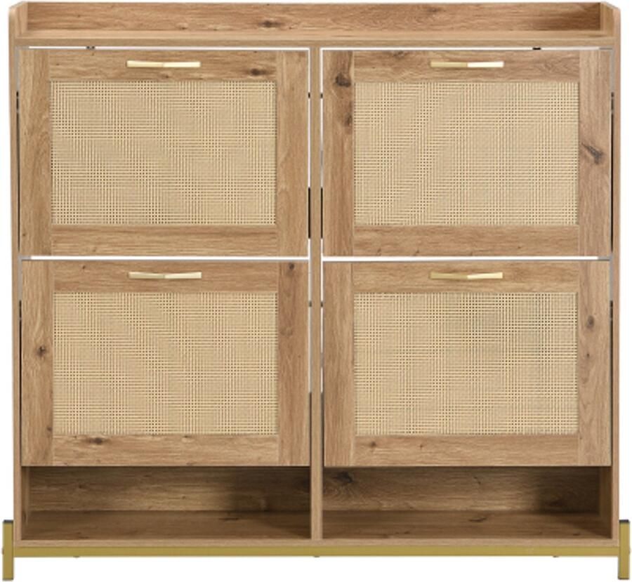 Elegante houten schoenenkast met rotandeuren – 4 deuren metalen frame en bovenste plank