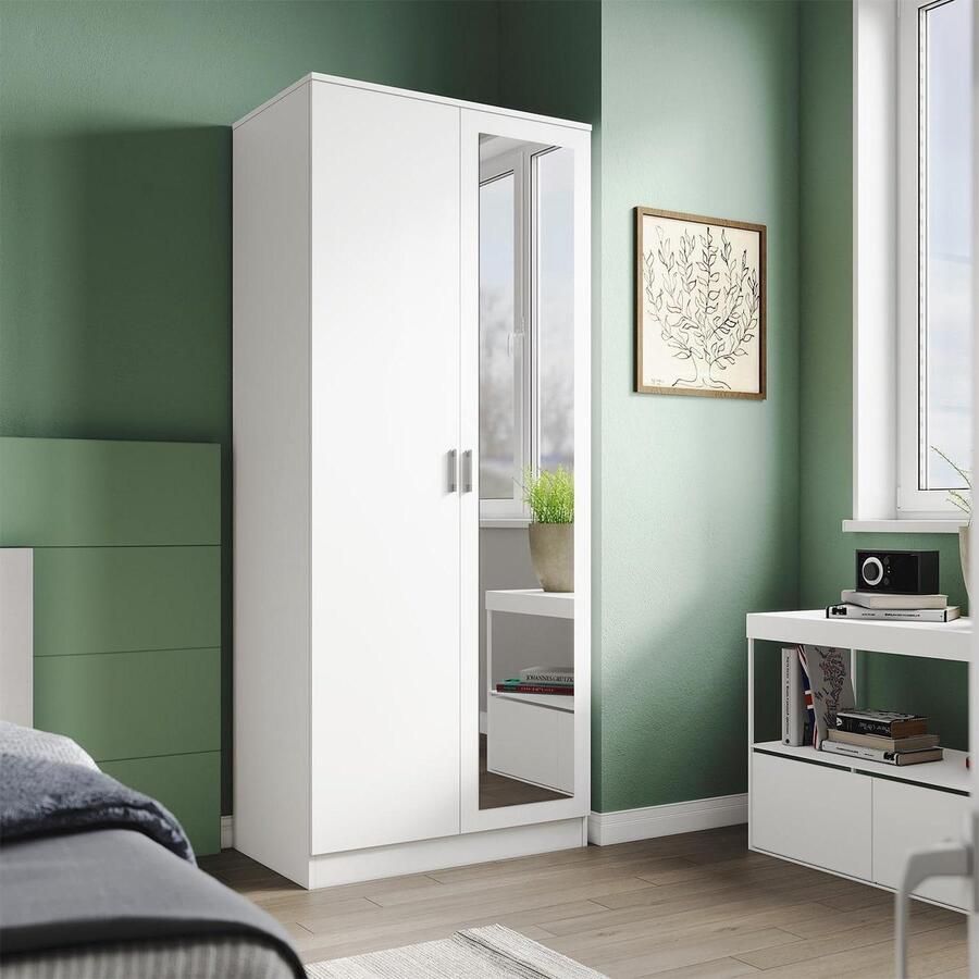 Elegante Kledingkast Wit Veelzijdige Kledingkast met Spiegel en Lade kledingkasten slaapkamer