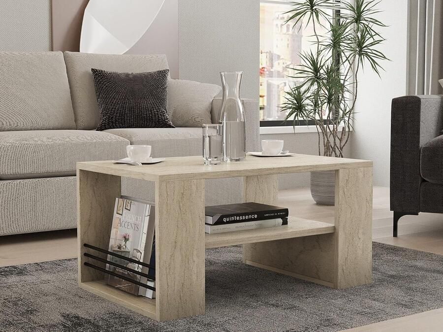 Elegante koffietafel met marmerdesign 80 x 50 x 40 cm travertine kleur 100% melamine