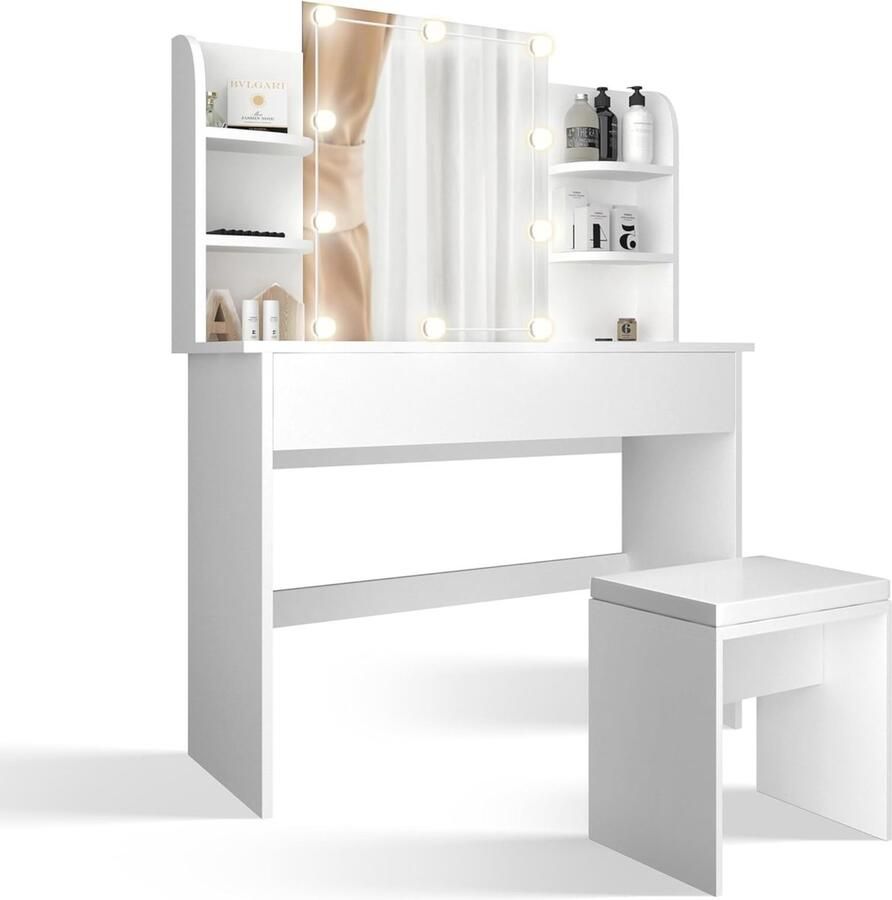 Elegante Make-uptafel met Verlichting en Spiegel Ruimtebesparende vaniteitstafel met Dimbare LED en USB