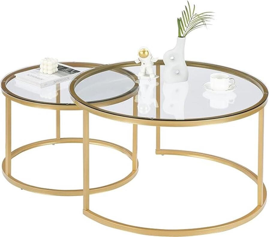 Elegante Marmerlook Salontafelset – Ronde Tafels Ø80 cm & Ø60 cm MDF Blad met Glazen Afwerking en Goudkleurig Stalen Frame