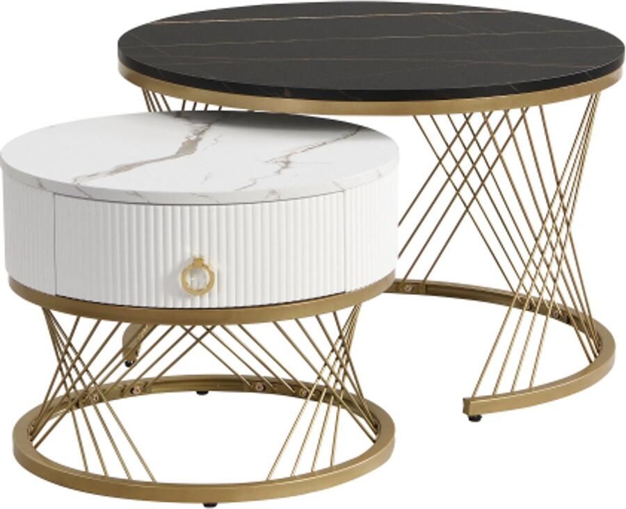 GOTAGEE Elegante modulaire salontafel: marmerlook gouden decor bijzettafel met lades – set van 2
