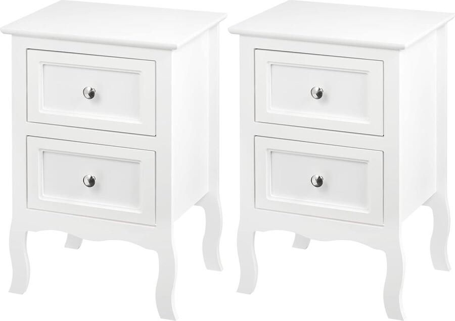 Elegante Nachtkastjes Set van 2 met 2 Laden Moderne Barokstijl voor Slaapkamer en Woonkamer Wit MDF