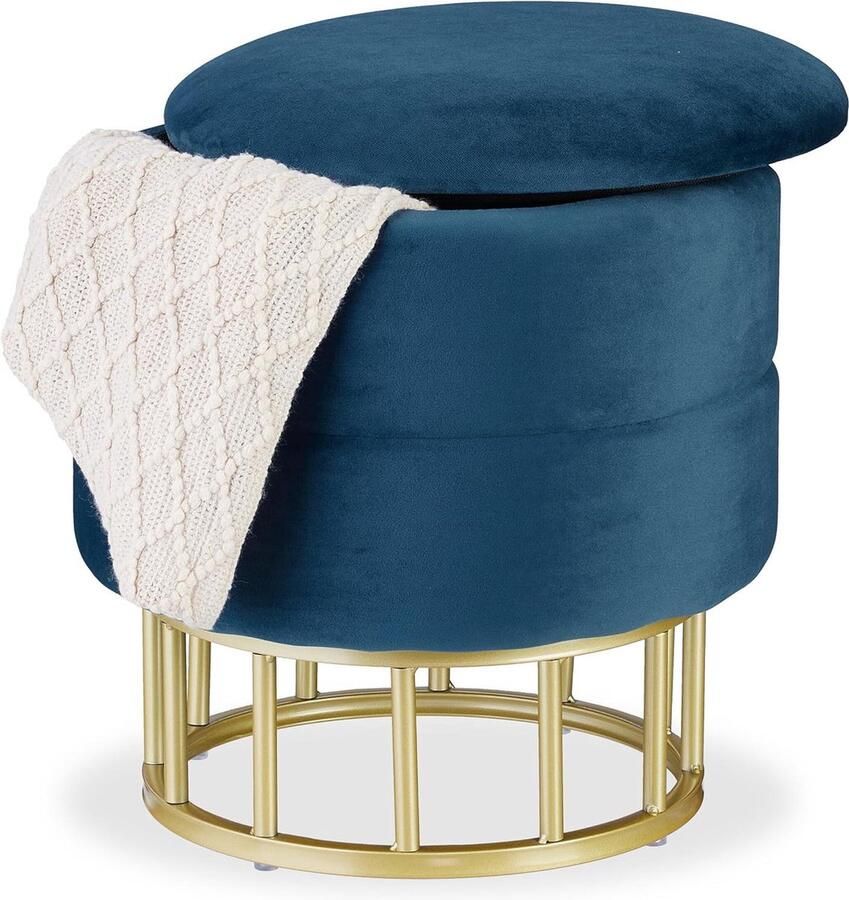 Elegante opbergpoef stijlvolle fluweel hocker 1 stuk blauw goud HxØ: 40 x 40 cm