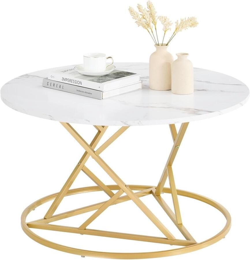 Elegante Ronde Salontafel met Kunstmarmer Effect en Gouden Frame 80 cm voor Woonkamer