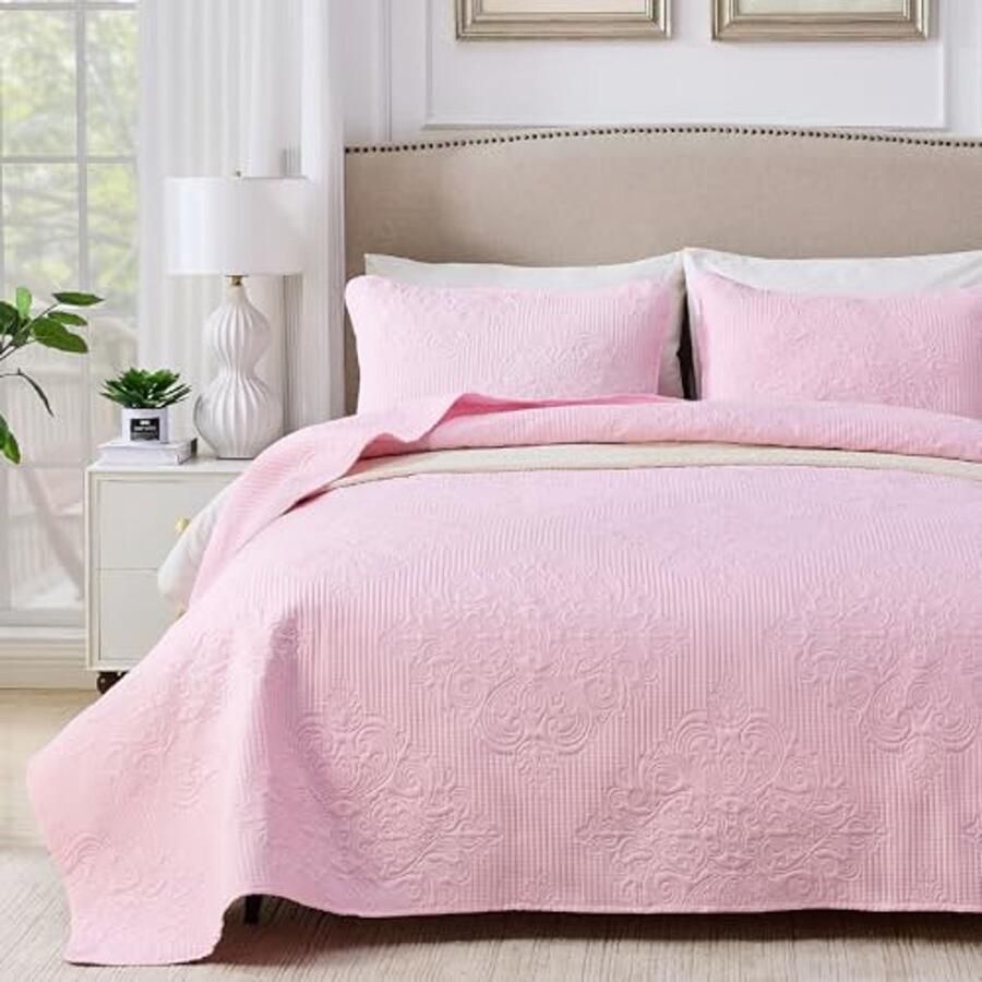 Elegante Roze Bedsprei 240 x 260 cm met 2 Kussenslopen Superlicht Microvezel Dekbed voor 180 cm Bed