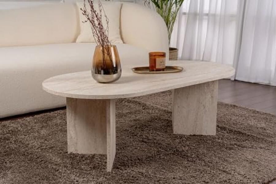 Elegante Salontafel Travertine Kleur 119 x 60 x 39 8 cm Moderne Koffietafel met Marmer Design Duurzaam Melamine Gecoat Oppervlak Stijlvol Meubel voor Woonkamer