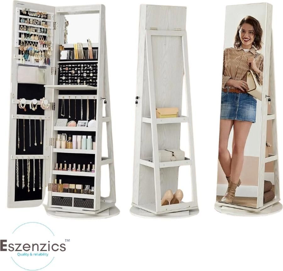 Elegante Sieradenkast LED Spiegel Luxe Afwerking Modern Design 6 LED Verlichting 360 °Draaibaar- 4 Extra Legplanken Scharnierlade Wit Sieradenhouder- Stijlvol & Praktische Full Body Spiegel- Make-up Spiegel & Kaptafel 54 5x54 5x162 cm 22 8 kg
