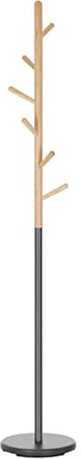 Elegante Staande Kapstok met 6 Haken Grijs Natuurlijk Kledingrek van Metaal en Grenenhout
