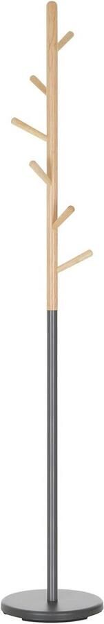 Elegante Staande Kapstok met 6 Haken Stijlvol Kledingrek van Metaal en Grenenhout in Grijs Natuurlijk