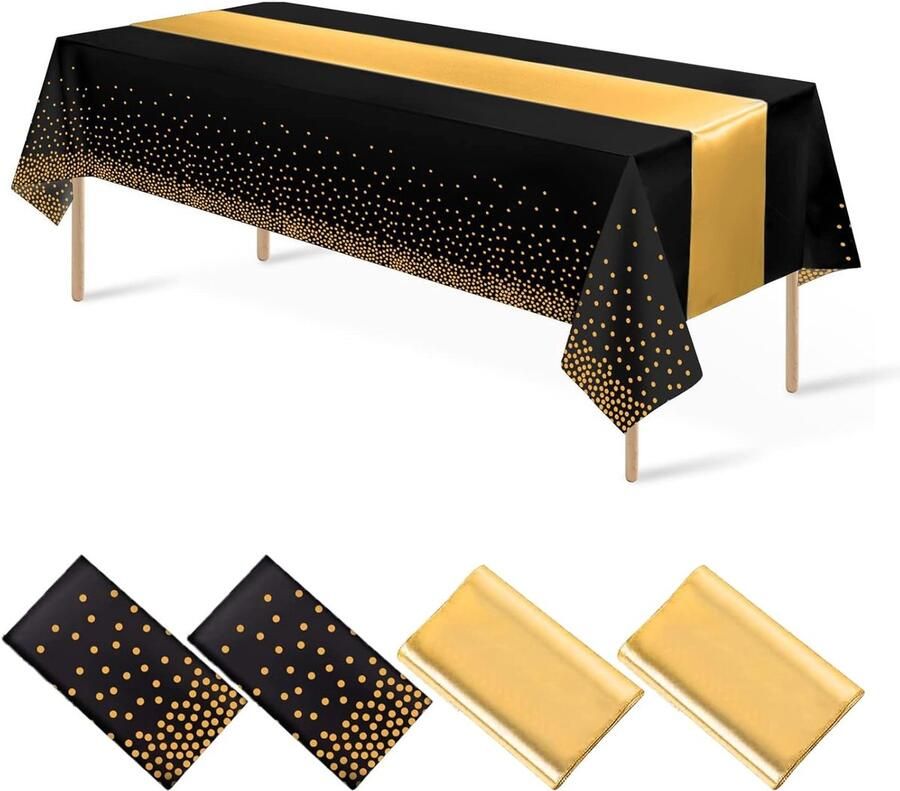 Elegante tafelkleden en lopers set van 2 zwart-goud plastic en satijn 137 x 274 cm