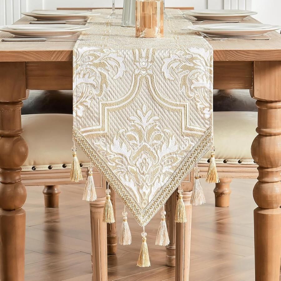 Elegante Tafelloper Bloemenpatroon 1 stuk Wit Lichtgeel 33x228 cm