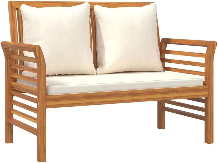 Elegante tweezitsbank van massief acaciahout met crèmewitte kussens voor tuin en terras