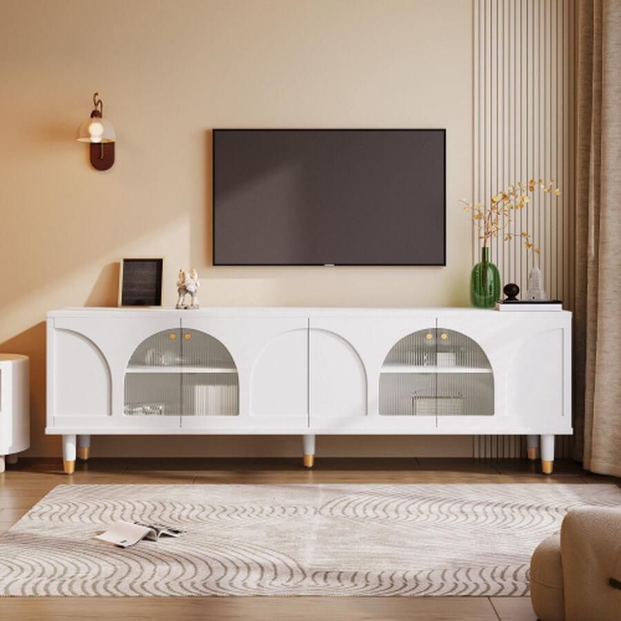 Elegante witte tv-kast met gebogen gecanneleerde glazen deuren 4 deuren 173 x 38 x 59 cm