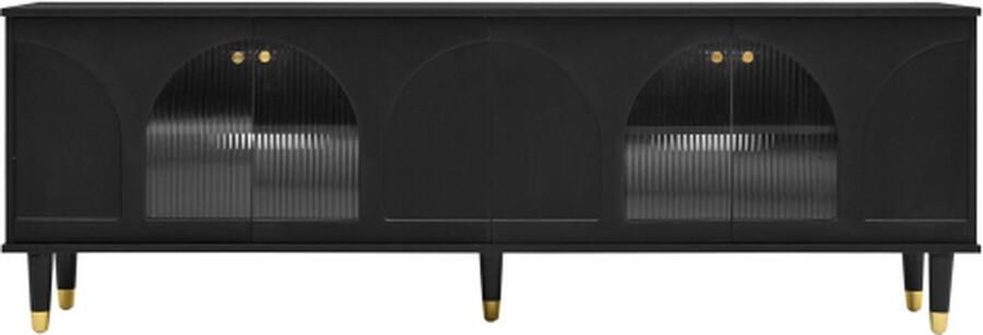 Zonder merk Gotagee Elegante zwarte tv-kast met gebogen gecanneleerde glazen deuren 4 deuren 173 x 38 x 59 cm modern design