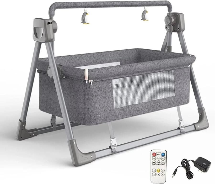 Elektrisch Babybed Babybedje Wieg Ledikant Schommelbed 3-in-1 Verstelbare Hoogte met Muskietennet App-besturing Afstandsbediening Donkergrijs