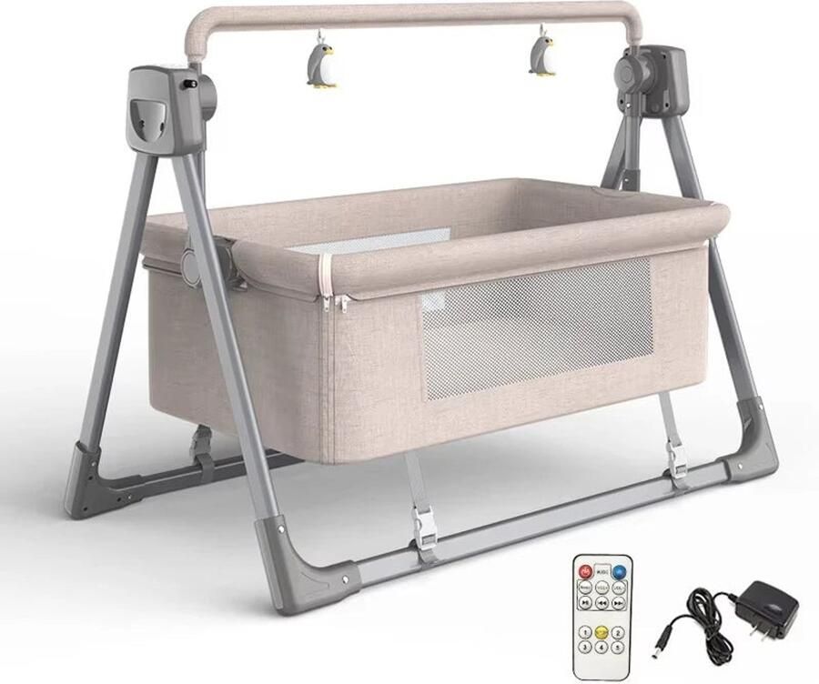 Elektrisch Babybed Babybedje Wieg Ledikant Schommelbed 3-in-1 Verstelbare Hoogte met Muskietennet App-besturing Afstandsbediening Khaki