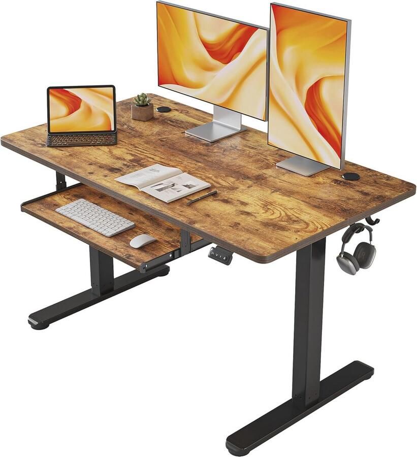 Elektrisch Hoogte Verstelbaar Zit-Sta Bureau 120x60 cm Stabureau met Gesplitst Blad in Zwart en Rustiek Bruin